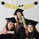 2 x Prom 2026 Banner, Prom Decorations 2026, Class of 2026 Graduation Party Supplies, Black Gold Glitter Proms Night Banner for High School Dance Photo Booth Wall Decor