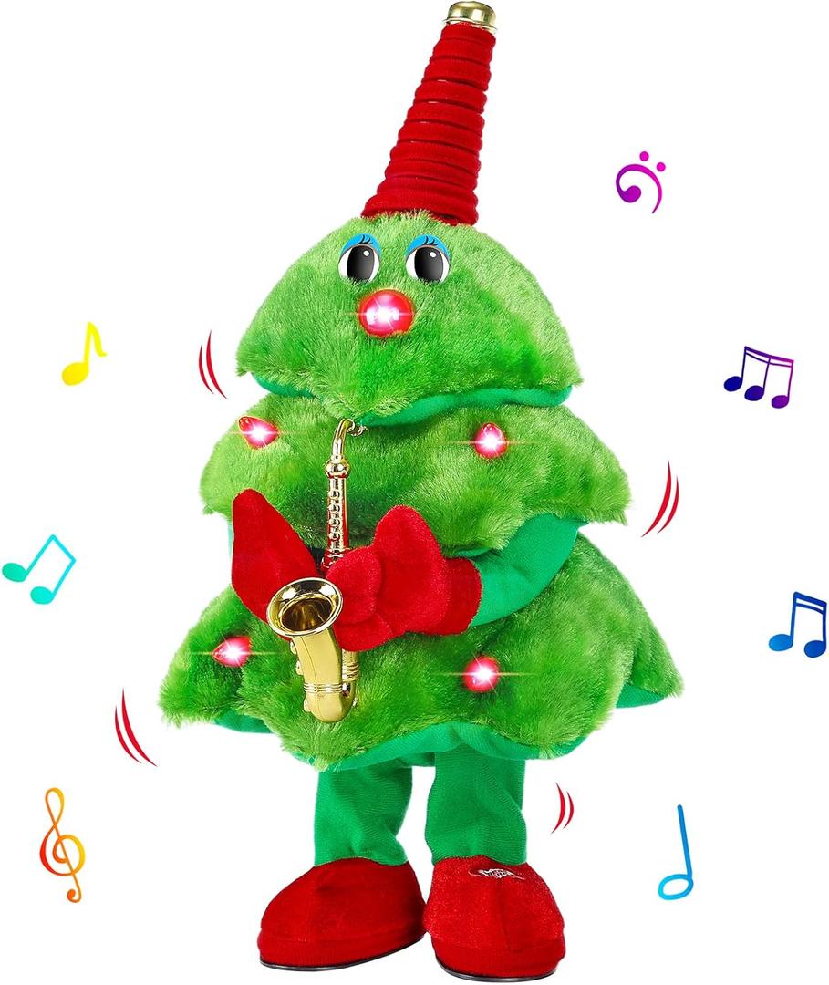 Singing Dancing Christmas Tree Plush Toys with Lights & 8 Music Christmas Carols for Saxophone & Repeat What You Say Christmas Tree Decor Table Party Toy Gifts for Family Friends Kids Boys Girls