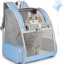 Cat Backpack Carrier, Large Pet Backpack with Kitten Wand Feather Toy for Medium Small Dog Cat Puppy Kitty Bunny up to 15lbs, Ventilated Mesh Dog Travel Carrier for Hiking Walking Outdoor Use (Blue)