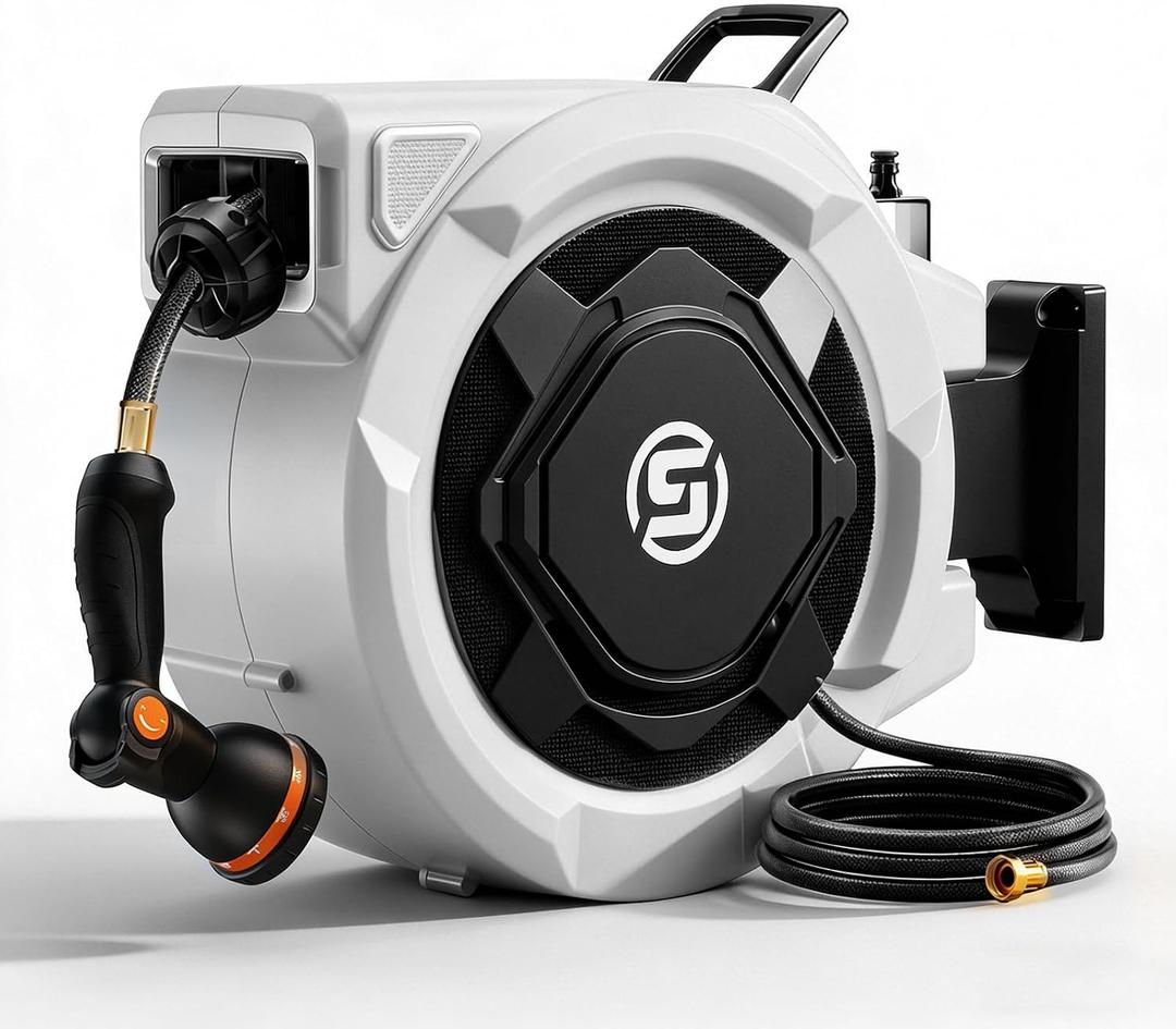 SUNPOW Retractable Garden Hose Reel - 1/2" x 100ft Wall Mounted Hose Reel with 3/4'' Brass Fitting & 10-Pattern Nozzle - Auto Slow Retraction, Any-Length Lock, 180Swivel for Lawn & Gardening