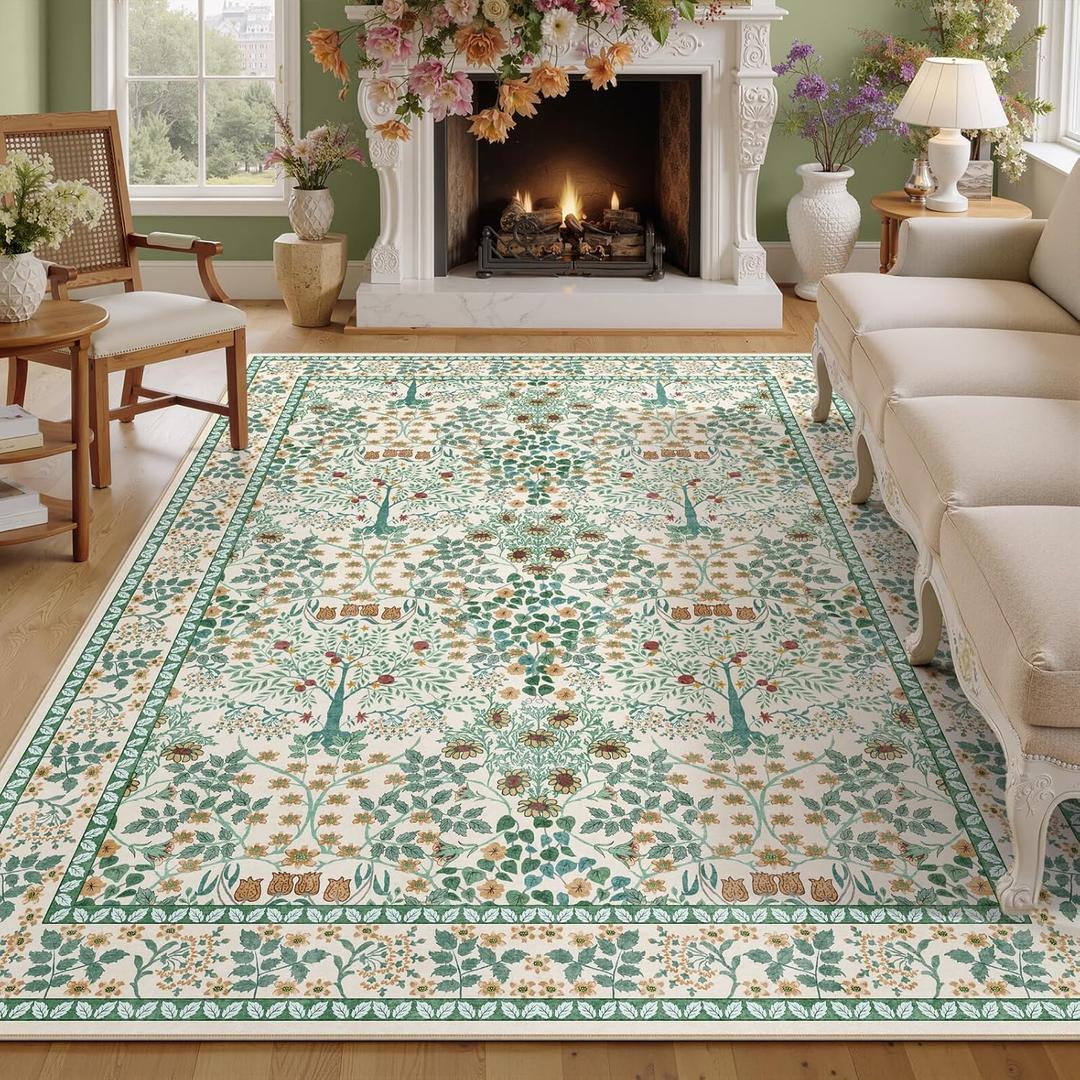 5x7 Area Rugs Living Room Rug - Floral Vintage Morris-Inspired Washable Carpet, Low Pile Non-Shedding Stain Resistance Boho Soft Carpet for Bedroom, Dining Room, Office, Farmhouse (5'x7' Beige Green)