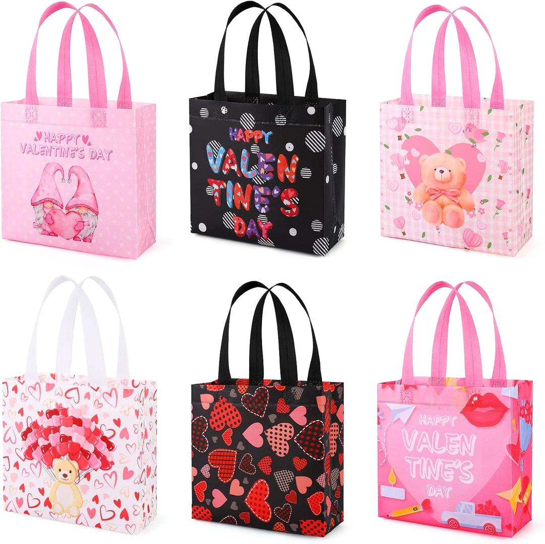 YANGTE Valentine's Day Gift Bags With Handles - 12Pcs Reusable Non-Woven Tote for Kids Classroom Exchange, Party Favor, Wrapping - Goody Bags for Giving