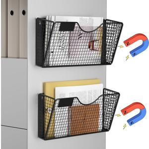 MFTEK Magnetic File Holder, 2 Pockets Magnetic File Folder Holder No Drilling Magnet Paper Mail Organizer Magazine Basket, Hanging Wall Storage Rack for Fridge Cabinets Office Classroom (Black)