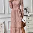 Women's Midi Dresses for Women V Neck Long Sleeve Fitted Family Photo Outfits Pink Dress Long Sleeve Pretty Garden Dresses (Pink, S)