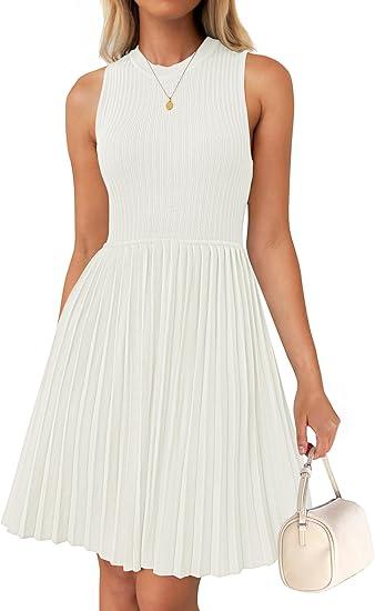 ZESICA Women's Spring Sleeveless Cocktail Dresses 2026 Summer Crewneck Flowy Wedding Guest Party A Line Midi Dress (White, S)