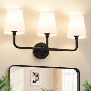 MOKATNG Bathroom Light Fixtures, 3-Light Matte Black Vanity Lights, Bathroom Lighting Fixtures Over Mirror with Flared White Fabric Shade, Modern Wall Sconces for Living Room Hallway