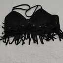 OYOANGLE Women's Y2K Fringe Sleeveless Spaghetti Strap Faux Suede Vintage Hippie Crop Top Blouse (Medium, Black)