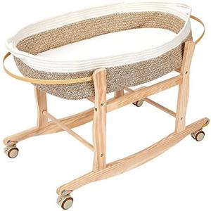 Pinkunn Moses Basket Stand Rocking Moses Basket Rocker Stand Adjustable Wooden Bassinet Stand with Wheels for Newborn, Basket is Not Included(Wood Color, 31.5 x 15.75 x 18.9 Inch)