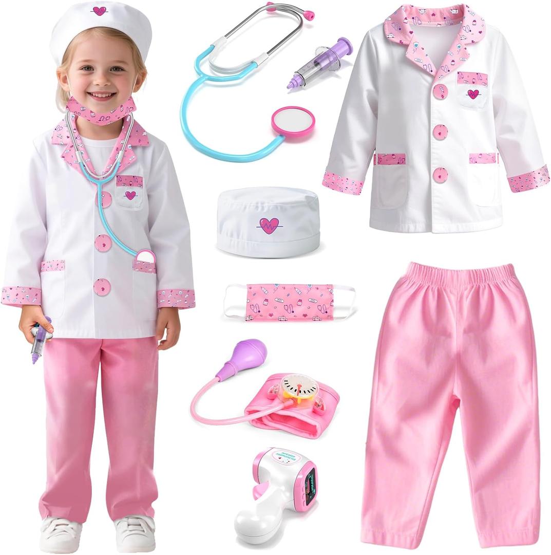 Lehoo Castle Doctor Costume for Kids, Doctor Dress Up and Play Set 8 PCS with Stethoscope, Role Play Costume for Toddlers (5-6 Years, Pink)