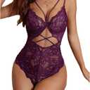 Sexy lingerie for Women Criss Cross Cut Out Floral Lace Teddy Lingerie (Small, Purple)