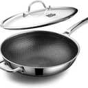 Wok pan,Hybrid 12 inch Wok with Lid, PFOA Free Cookware,non stick Stainless Steel Woks & Stir-fry pans Nonstick, Dishwasher and Oven Safe, Works on Induction