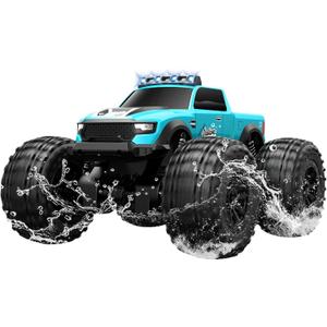 Threeking 1:14 Waterproof Monster Truck Toys RC Cars Speed-Adjustable Amphibious Remote Control Car Trucks with Lights 4WD All Terrain Off-Road Pickup Toy Gifts Presents (Blue)