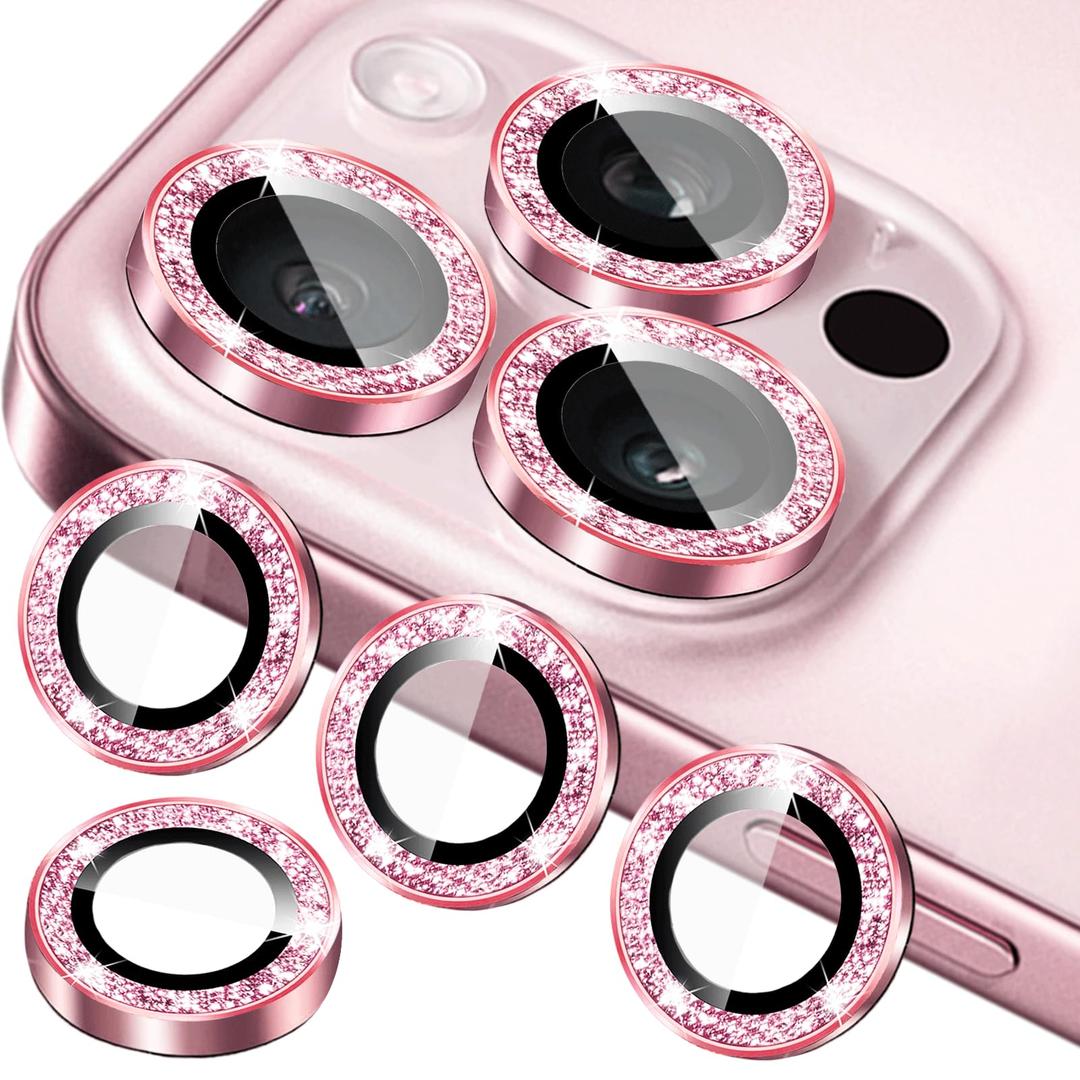 YWLOPT Compatible for iPhone 12 Pro Max Camera Lens Protector, (3+1 Pack) - Bling Sparkling Glitter, Anti-Scratch Camera Cover with 9H Tempered Glass, Case Friendly, (Pink)