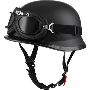 Helmet Half Shell German Motorcycle Helmet with Cycling Glasses - DOT Approved (Large, Matte Black)