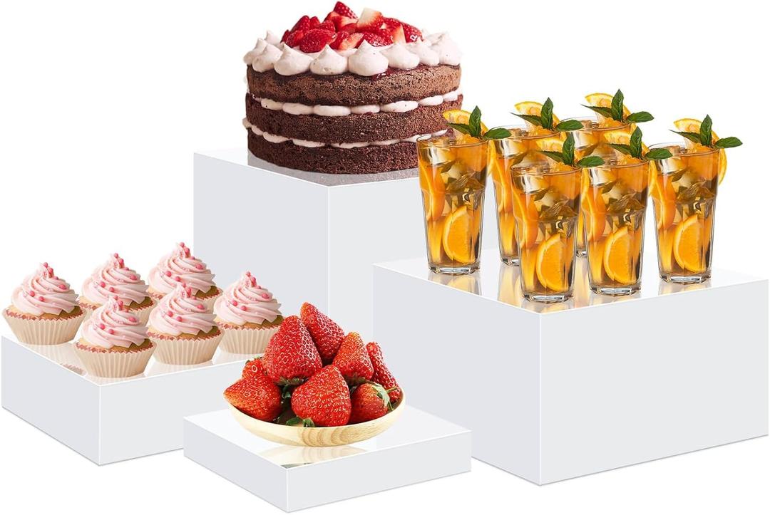 4pcs Buffet Risers, Food Display Stands for Buffet Table, Acrylic Display Risers Shelf for Dessert Jewelry Show, White Acrylic Cube Display Nesting Riser with Hollow Bottoms 5"x6"x7"x8