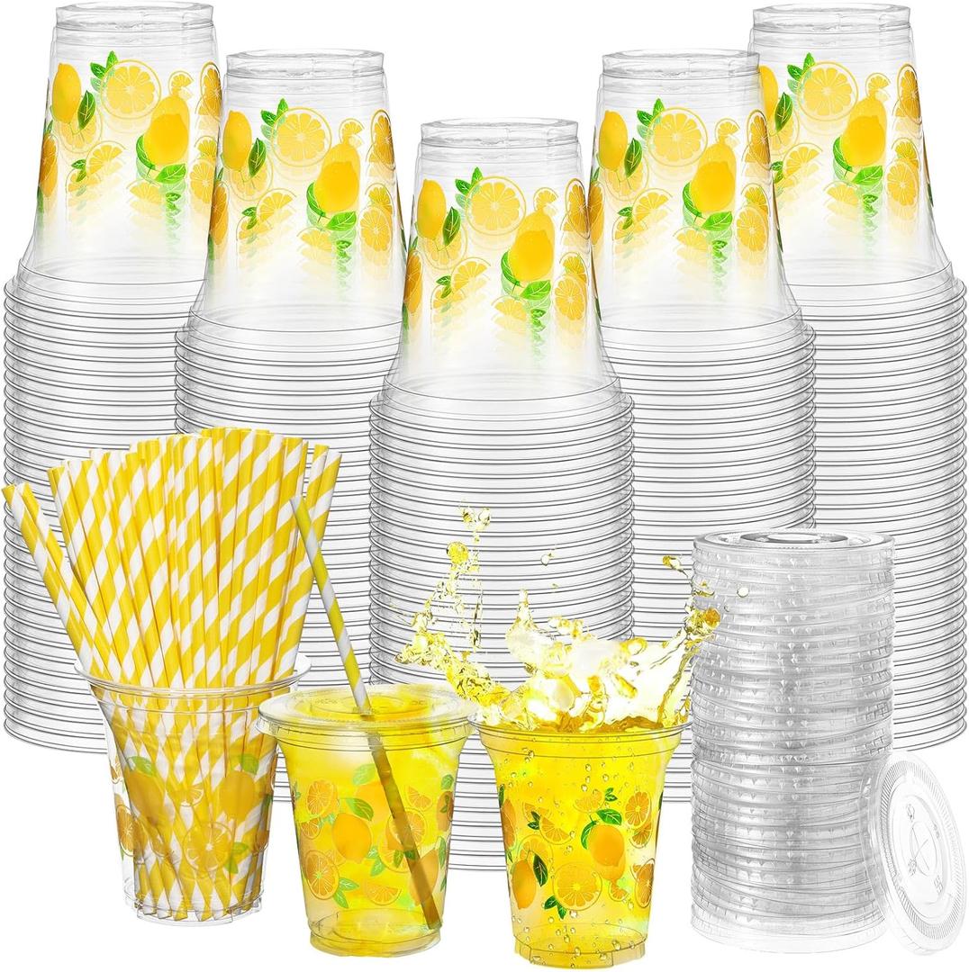 Umigy 100 Pack Plastic Disposable Cups with Lids and Straws 12 oz Disposable Cups for Juice Water Coffee Summer Party Sports Party Supplies(Lemonade)