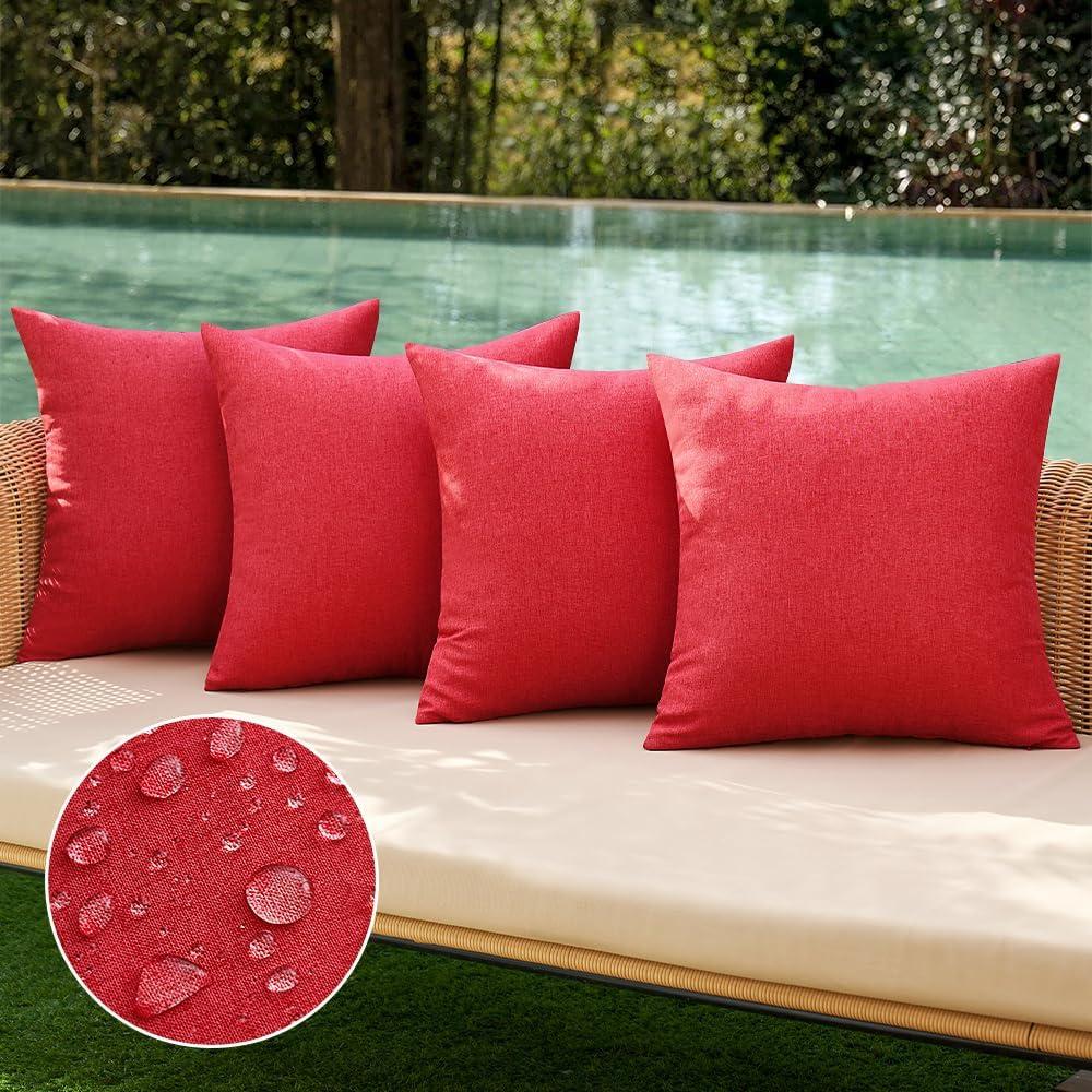 MIULEE Pack of 4 Decorative Outdoor Solid Waterproof Throw Pillow Covers Linen Garden Farmhouse Cushion Cases for Patio Tent Balcony Couch Sofa 16x16 inch Red