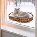 2 Ways Cat Window Perch with Solid Wood Frame, Wicker Design Cat Window Seat with 4 Suction Cups, Window Hammock for Cats Inside with Removable Cushion, Cat Hammock for Window & Wall
