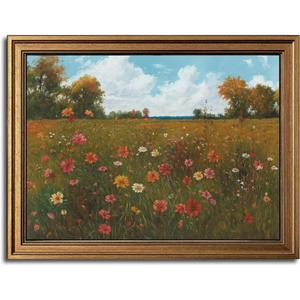 Gold Framed Wall Art Vintage Floral Canvas Wall Art Floral Countryside Blooming Wildflowers Artwork Prints Picture for Living Room Bedroom Farmhouse Bathroom Office Decor, 16x24
