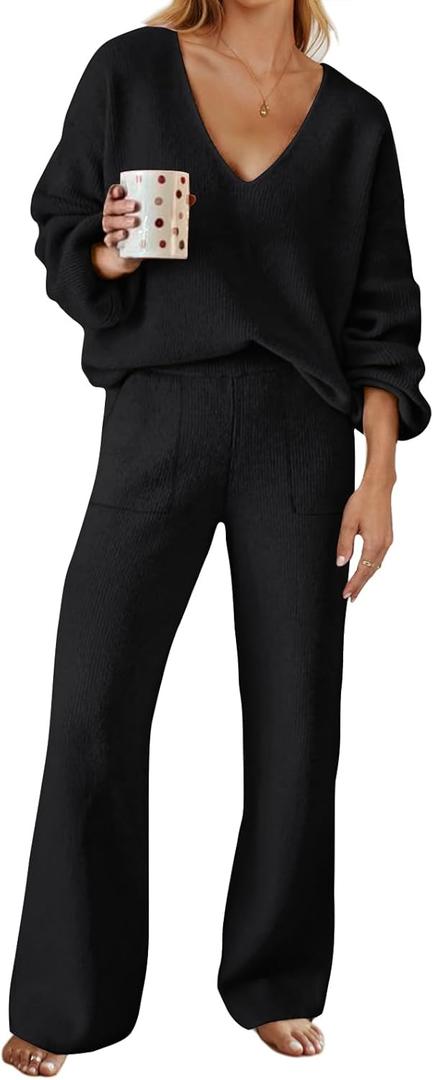 MEROKEETY Women's 2 Piece Outfits Long Sleeve V Neck Knit Pullover Tops and Wide Leg Pant Lounge Set (Black, S)
