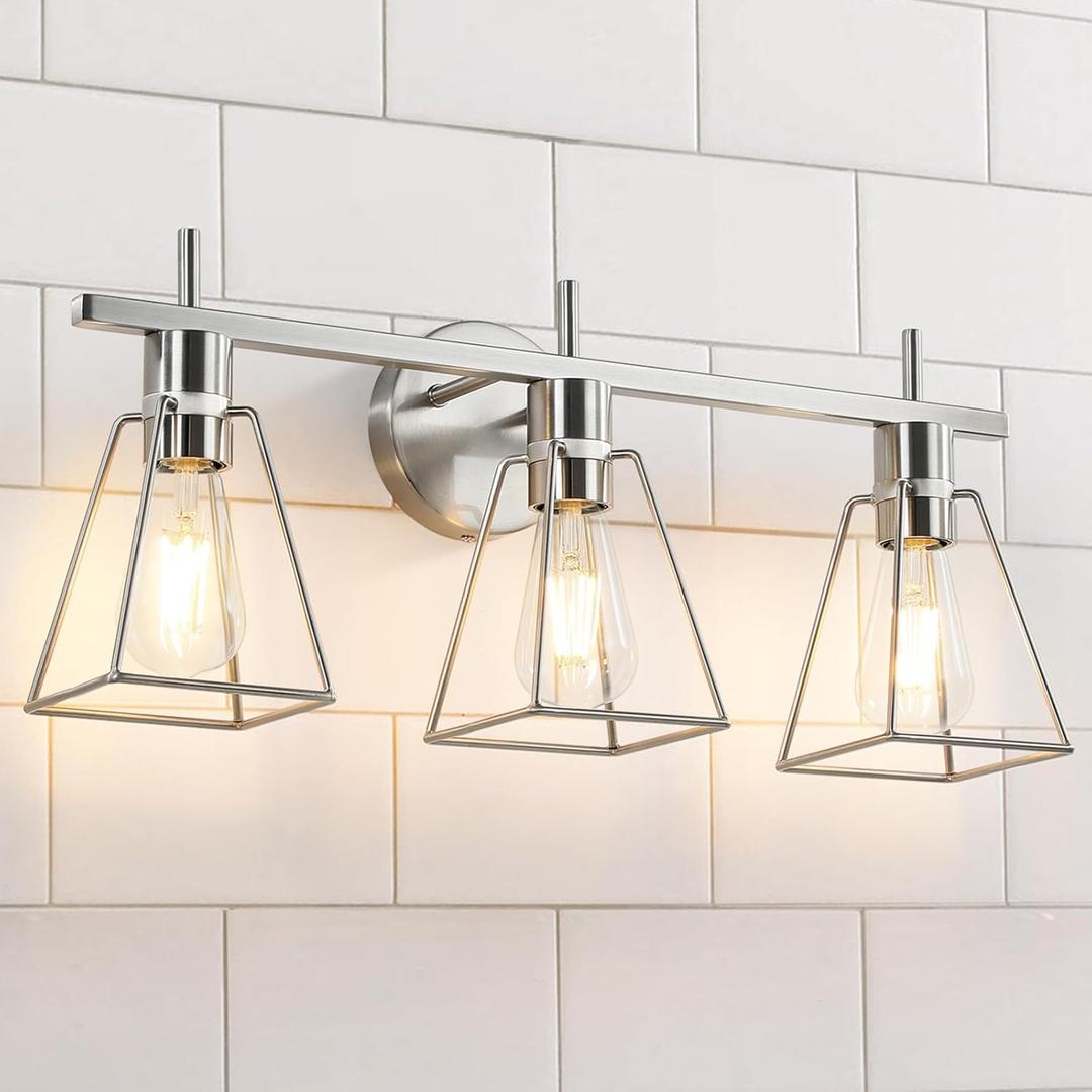Industrial Bathroom Vanity Lights: 3-Lights Silver Brushed Nickel Vintage Metal Cage Wall Lamp - Rustic Farmhouse Light Fixture Over Mirrors Cabinet for Bath Hallway