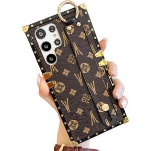 Elegant Retro Compatible with Samsung Galaxy Faux Leather Case with Adjustable Wristband Kickstand, Luxury Electroplating Protective Rectangle Edge Cases Cover (Brown, S23 Ultra)