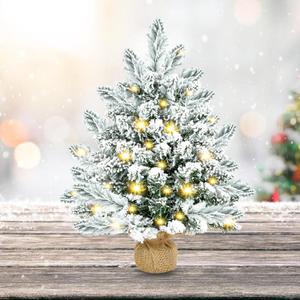 Small Christmas Tree, 20 inch Artificial Christmas Trees with Lights, Snow Flocked Xmas Tree with Burlap Base for Table Top Desktop Home Office Christmas Holiday Decorations,Silver
