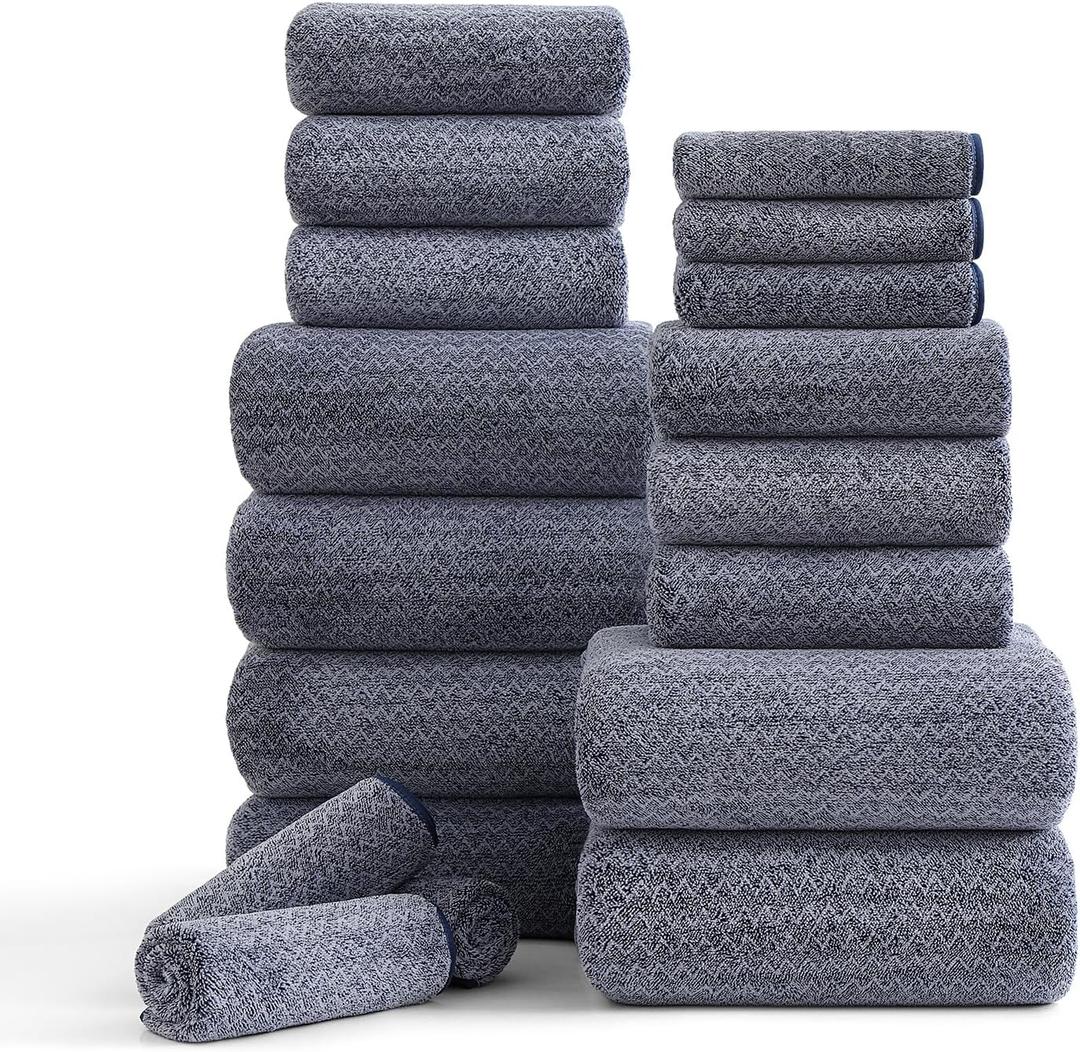 Ycosy 18 Piece Bath Towels Set,100% Microfiber Family Bathroom Towel with Hanging Loops-6 Bath Towels,6 Hand Towels,6 Washcloths,Quick Dry Highly Absorbent Shower Towel for Bathroom,Hotel,Spa-Navy