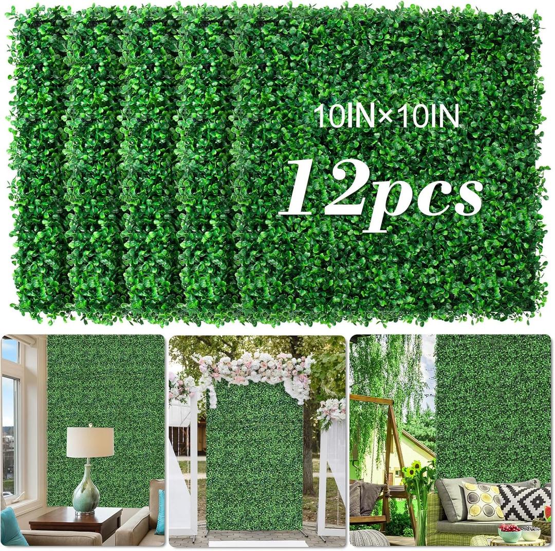 AOKIE 10"X10" Artificial Grass Wall, 12Pcs Boxwood Hedge Wall Panels UV-Anti Grass Backdrop Wall Decor, Greenery Privacy Hedge Screen for Indoor Outdoor Patio Balcony, Party Garden Fence Decor (10x10 12pcs)