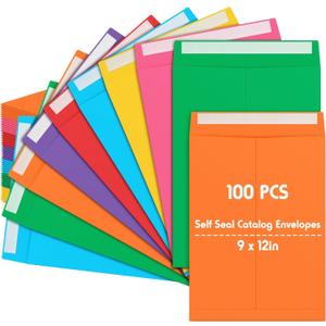 Janlaugh 100 Pcs 9'' x 12'' Colored Catalog Envelopes Self Adhesive 32lb Manilla Envelopes Kraft Peel & Seal for Secure Mailing Storage Organizing for Home Office Business School(Colorful,9'' X 12'') (One Size)