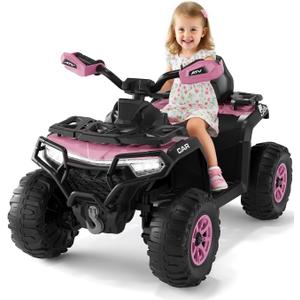 12V Kids Ride On ATV Car w/Parent Remote Control, Spring Suspension, LED Lights, Bluetooth, USB, Music, Early Education, Volume Control, Off-Road 4 Wheeler w/LED Flag for Boys & Girls Ages 3+ (Pink)
