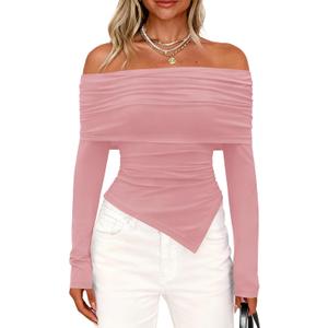 PRETTYGARDEN Women's Off The Shoulder Tops Spring Fashion 2026 Long Sleeve Shirts Going Out Slim Fitted Blouses Fall Clothes (Large, Pink)
