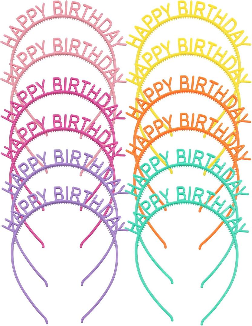 12 Pack/6 Pairs Candy Color Happy Birthday Headbands with Teeth Plastic Hair Hoops Bands Clasps Party Decoration Tiara Crowns Accessories for Toddlers Kids Teens Girls Women