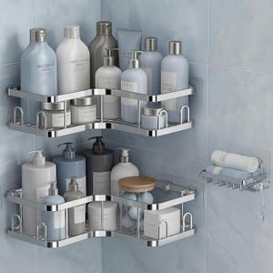 Veken Corner Adhesive Shower Caddy 3-Pack with Soap Holder&Hooks,No Drilling Shower Shelves,Rustproof & Waterproof Bathroom Organizers and Storage,Rack for Small Spaces, Kitchen&Rental-Friendly,Silver