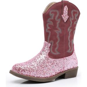 Blikcon Kids Cowboy Boots Girls Mid Calf Western Cowgirl Boots Side Zipper (Toddler/Little Kid/Big Kid) (Pink)