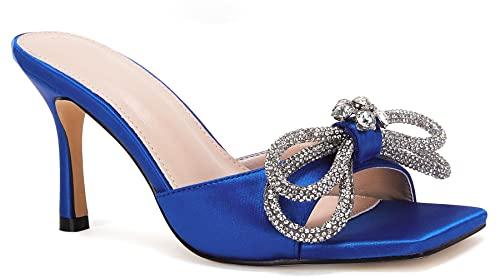 VETASTE Women's Heeled Sandals Square Open Toe Double Bow Satin Mules Heels Wedding Party Slip on Stilettos 38 VETASTE Women's Heeled Sandals Square Open Toe Double Bow Satin Mules Heels Wedding Party Slip on Stilettos 38