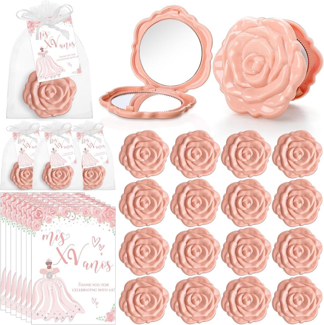 Wenqik 30 Sets Quinceanera Party Favors for Guests Rose Design Compact Pocket Mirrors Quinceanera Cards Thank You Gift and Organza Bags Birthday Party Favor (Champagne Pink)