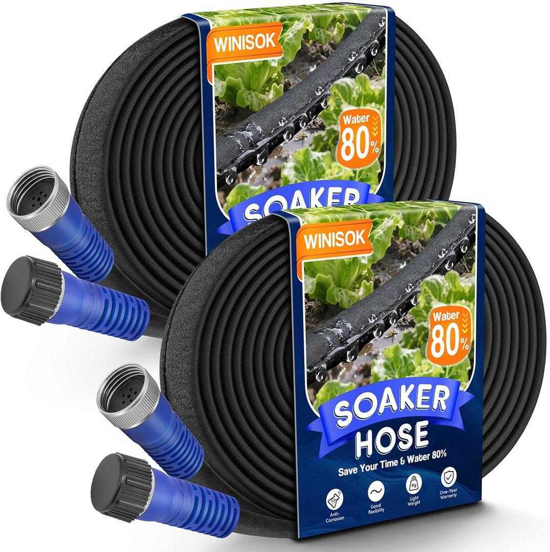 Upgrade Heavy Duty Soaker Hose 100FT, Thickened Flat Garden Hoses, Leak-proof and Flexible Drip Irrigation Tubing, Save 80% Water (50 FT x 2Pack)