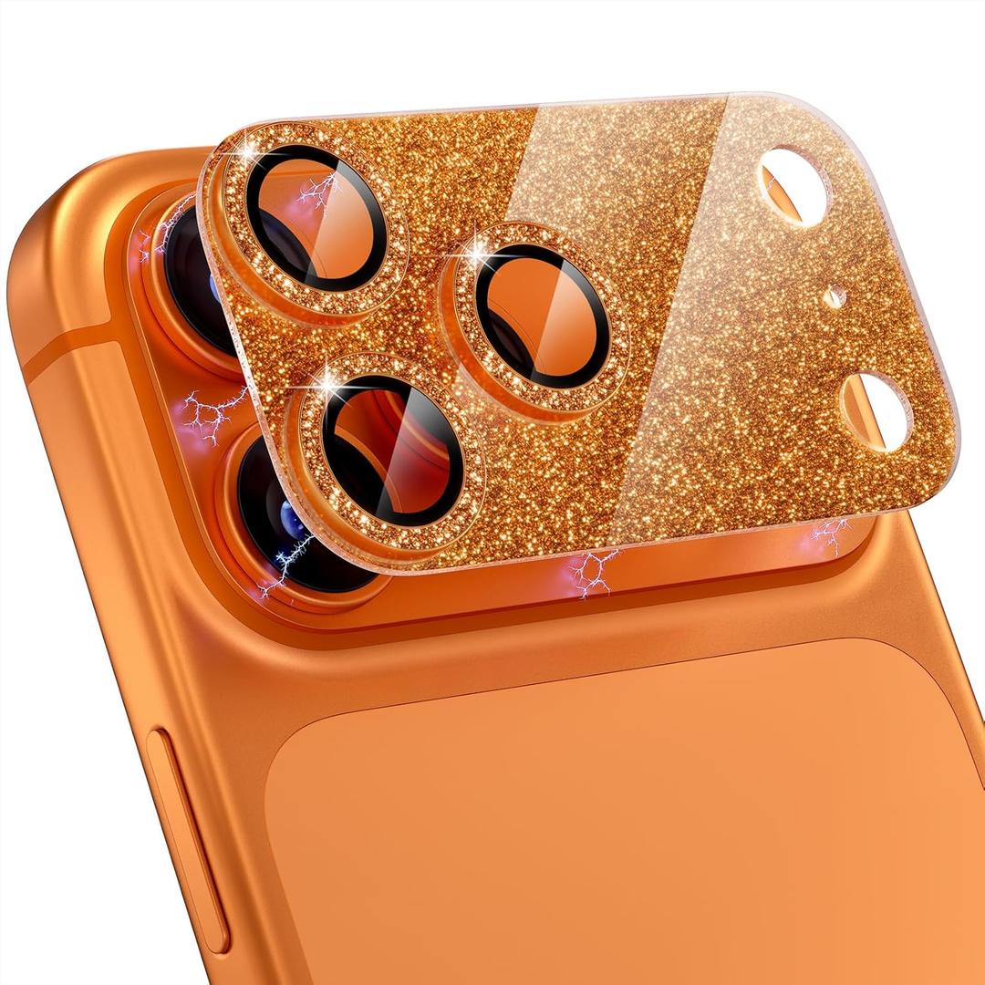 Choiche Compatible for iPhone 17 Pro Camera Lens Protector, Bling Camera Cover with 9H Tempered Glass Lens Screen Protector Metal Ring Decoration Accessories 6.3-inch (Glitter-Orange)