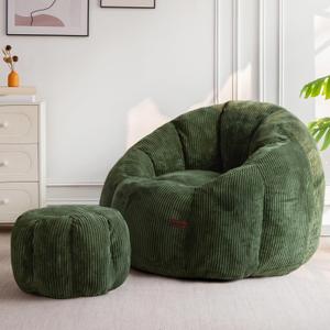 MAXYOYO Giant Bean Bag Chair with Ottoman, Pumpkin-Shaped Bean Bag Sofa with Footstool, Oversized Boneless Couch Chair in a Box, Comfy and Lazy Lounge for Dorm, Living Room, Bedroom, Green, Floor Sofa with Ottoman