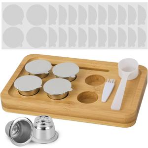 Reusable Capsules for Espresso OriginalLine, 6pcs Espresso Refillable Pods Stainless Steel Coffee Pods Compatible for Nespresso Originaline Machine(6 Pods+100pcs Lids+ Bamboo Storage Tray)