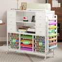 VENNQD Craft Organizer Rolling Cart Compatible with Cricut Machine Cricut Table with Charging Station 56 Vinyl Roll Holders with 6 Fabric Drawers for Accessories Organization, White