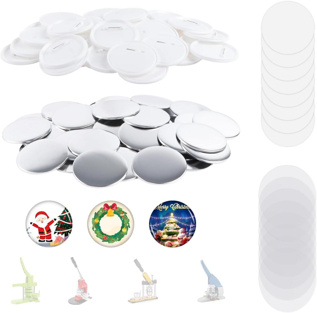100 Sets 75mm/3inch Button Making Supplies, Pin Back Button Parts for Badge Maker Machine, Including Plastic Badge Pin Back Cover, Metal Covers,Blank Paper and Clear Plastic Film