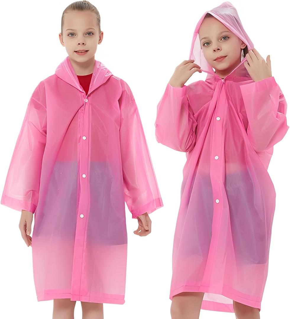 Rain Ponchos Raincoats for Kids, Reusable Boys Girls Rain Jackets Emergency with Hood for Family Disney Travel Outdoor (Rose Red)