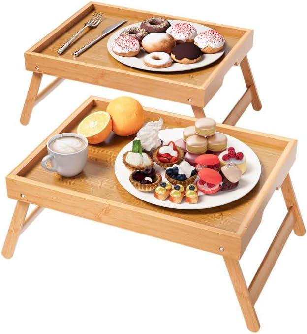 2 Pack Bamboo Bed Tray Table with Folding Legs,Breakfast Trays,Serving Tray for Food and Snack,Laptop Trays for Working(Natural)