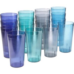 US Acrylic Cafe Plastic Reusable Tumblers (Set of 16) 20-ounce Water Cups Coastal Colors | Restaurant Style Drinking Glasses Value Set, Stackable, BPA-free, Made in the USA | Top-rack Dishwasher Safe