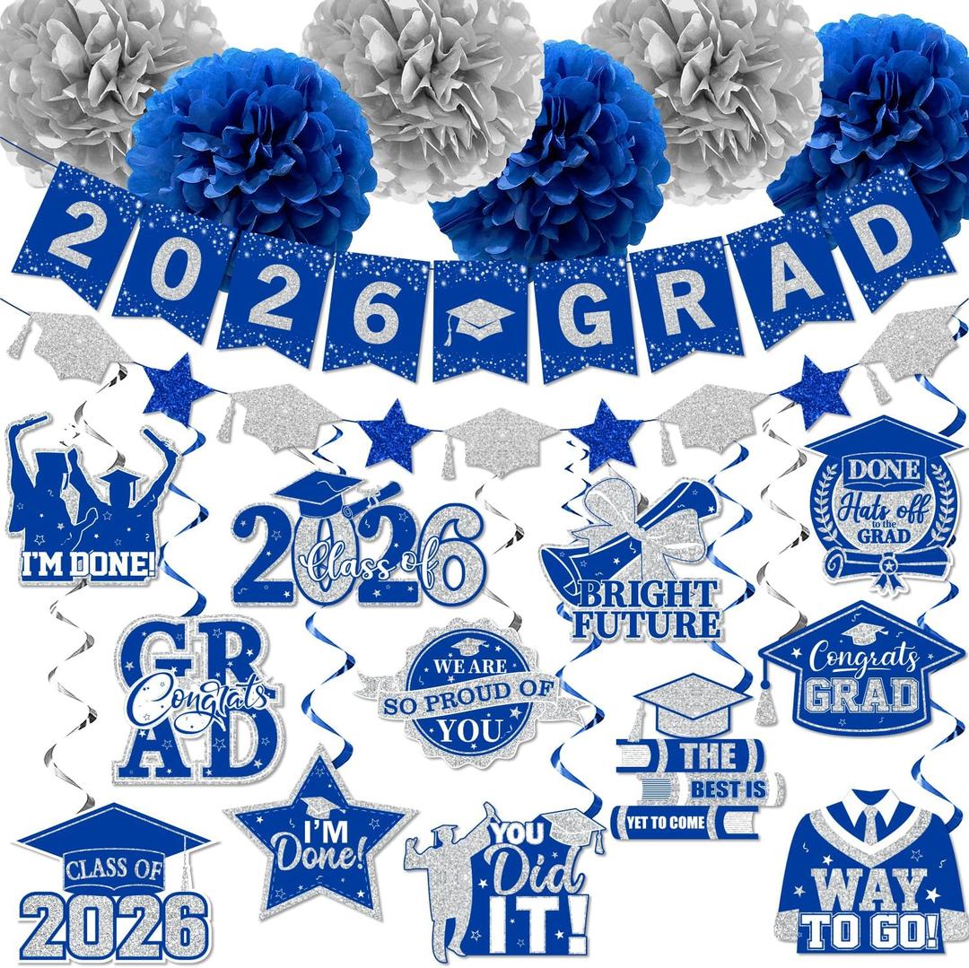 Blue and Silver Graduation Decorations, 2026 Grad Banner and Congrats Grad Hanging Swirls, Blue Graduation Banner Graduations Hanging Swirls College Graduations Party Decorations Class of 2026