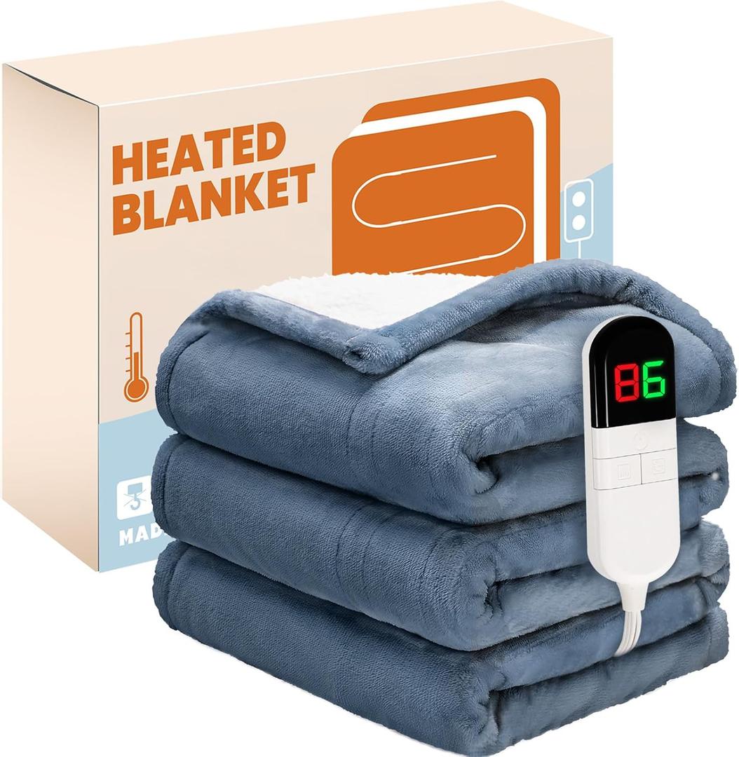 Electric Heated Blanket,Flannel & Sherpa Heated Throw Blanket 50"x60",Fast Heating Soft Fleece Blanket with 8 Heating Levels & 8H Auto Off-Blue
