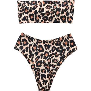 OMKAGI Women's 2 Pieces Bandeau Bikini Swimsuits Off Shoulder High Waist Bathing Suit High Cut (Medium, 0-apricot Leopard)
