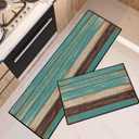 Rustic Kitchen Rugs and Mats Non Skid Washable Set of 2, Teal Country Wood Board Mats for Floor, Turquoise Brown Stripes Runner Rug Wooden Plank Texture Kitchen Decor